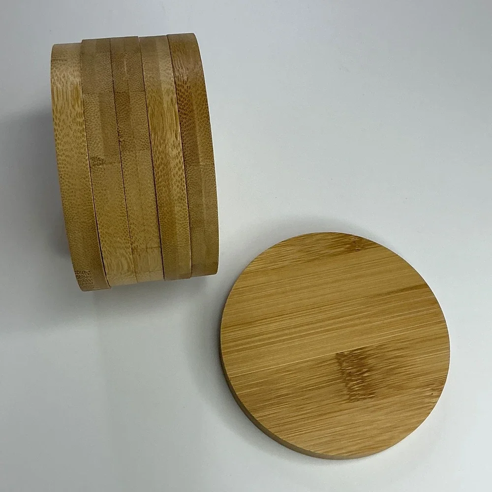 Natural Bamboo Round Coaster Set Unisex OS 6-Piece with Holder